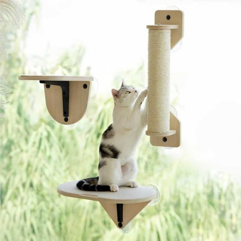 MEWOOFUN Perch Hammock with Climbing Steps and Scratching Post Wooden ...