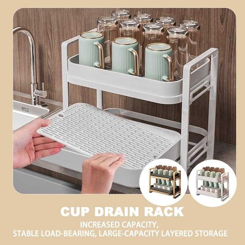 2 Tiers Cups Drying Rack With Drain Tray Kitchen Storage For Glass ...