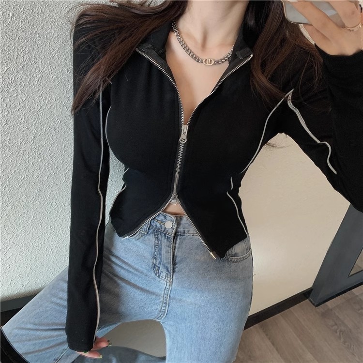 Y2K contrasting splicing long sleeved Tshirt women's red double zipper