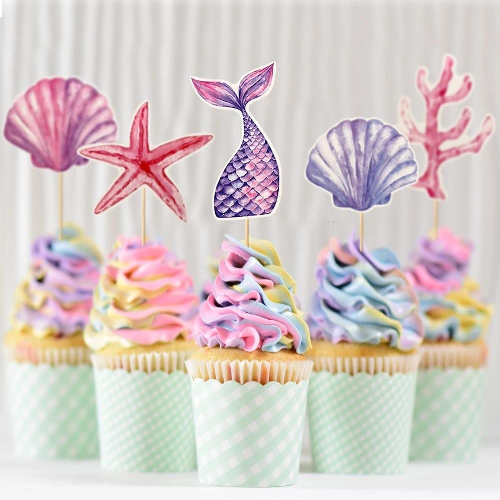1 Set Mermaid Cake Toppers Purple Pink Mermaid Tail Sea Shell Coral ...