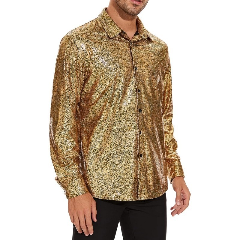 AIBEIX Men's Disco Party Shirt - Metallic Sequins Long Sleeve Button Down 70s Style Shirt (Gold Or Black Flip Sequin Chest)
