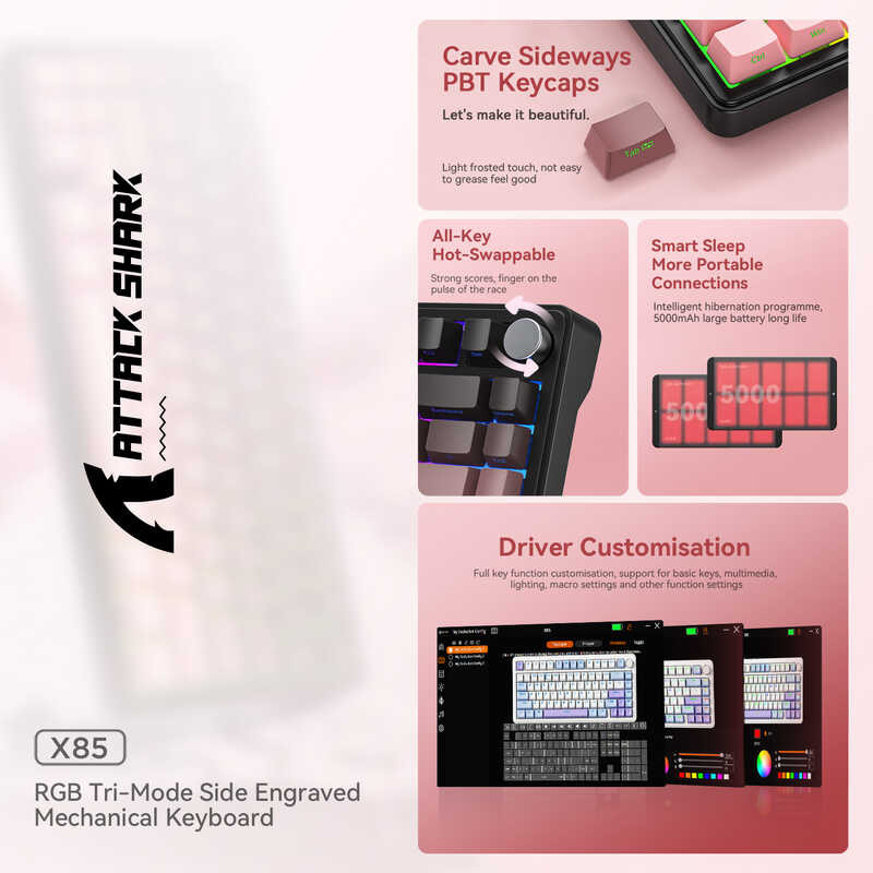 ☀ ATTACK SHARK X85 RGB Bluetooth Nical Keyboard, 2.4G TriMode, Metal Knobs, FullKey HotSwap