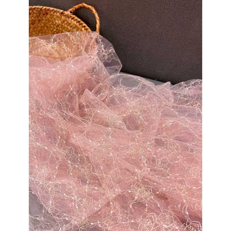 Rouge Pink Gold Thread Lace Transparent Mesh Fabric Gauze Dress Wedding ...