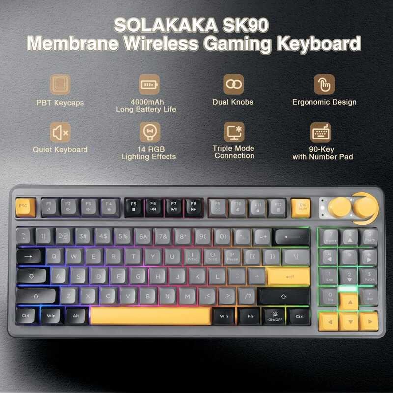 SOLAKAKA SK90 Wireless Membrane keyboard 90 Key RGB Tri-Mode Bluetooth5 ...
