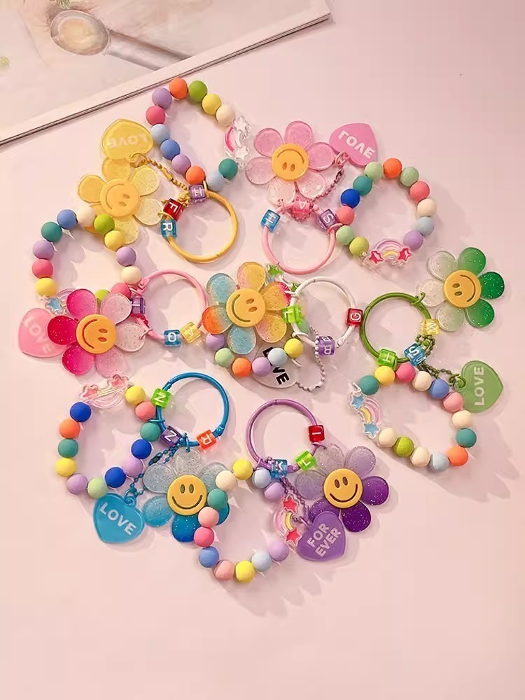Korean Style Sweet Flower Keyrings Colorful Beaded Chains Keychains ...