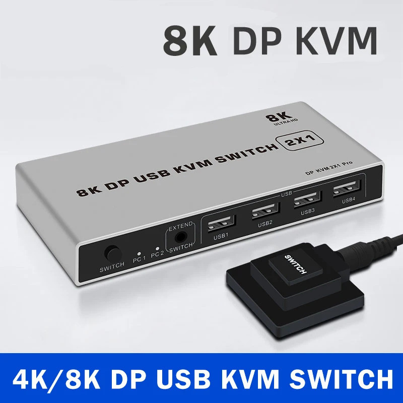 USB-C 8K KVM Switch DP1.4 2USB-C 2PC Input 1 DisplayPort Output 8K KVM 8K@60Hz 4K@144Hz 3X USB2.0 Sharing Mouse Keyboard Printer