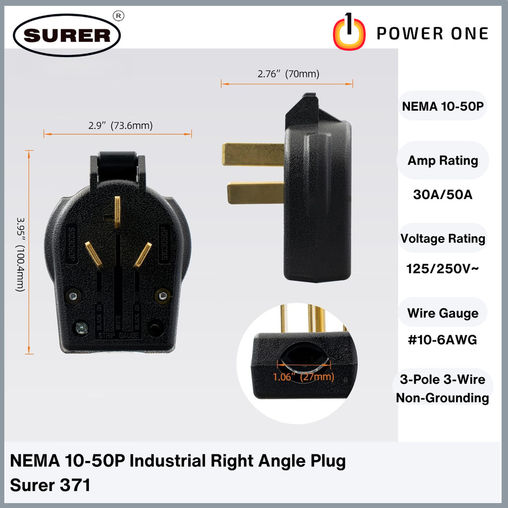 Surer 371 NEMA 10-50P Industrial Right Angle Plug (50A 250V) 3P 3-Wire ...