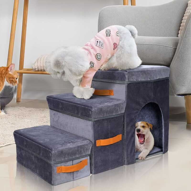 Topmart Foldable Bed,3Step Pet Stairs Small Dogs, Ramp with 2 Storage