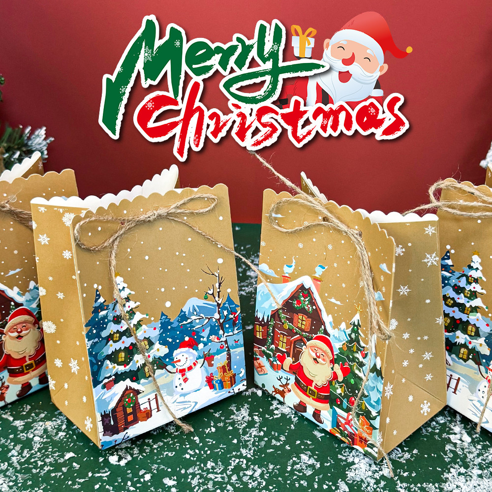 10Pcs Christmas Candy Bisuit Gift Bag Santa Claus Snowman Kraft Paper