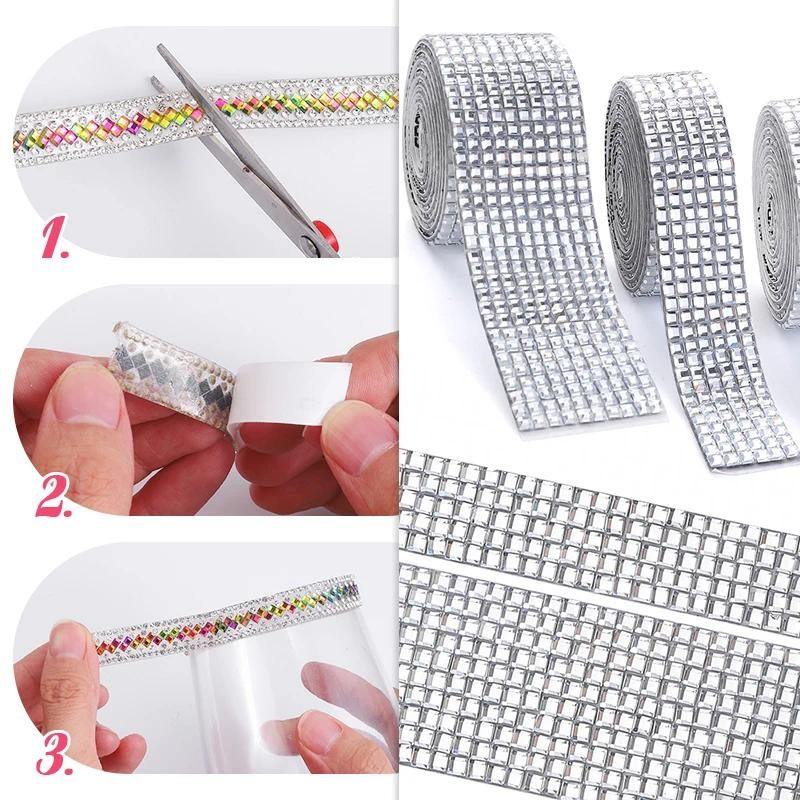 QIAO 90CM Self Adhesive Crystal Glass Squares Rhinestone Diamond Ribbon ...