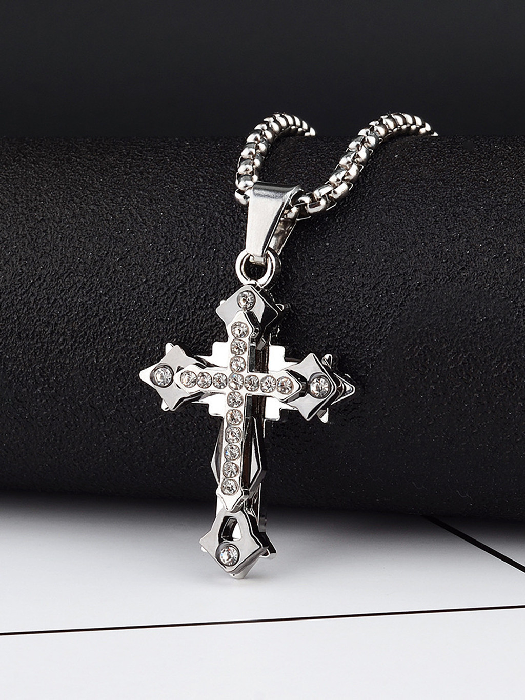 Unisex Stainless Steel Titanium Diamond Cross Pendant Necklace Men Hip ...