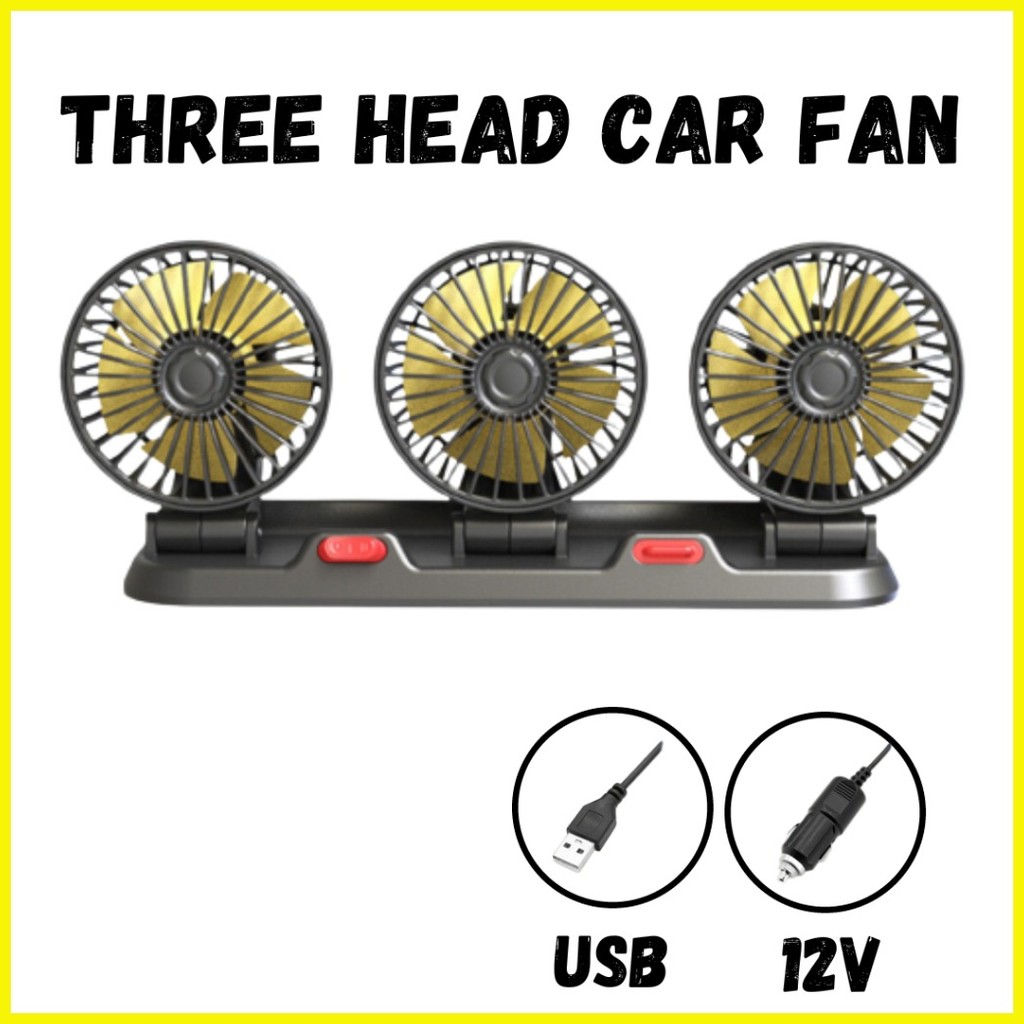 ۞ ETTRO Fan for Car ThreeHead Fan USB Cooling Air Small Fan 2 Speeds