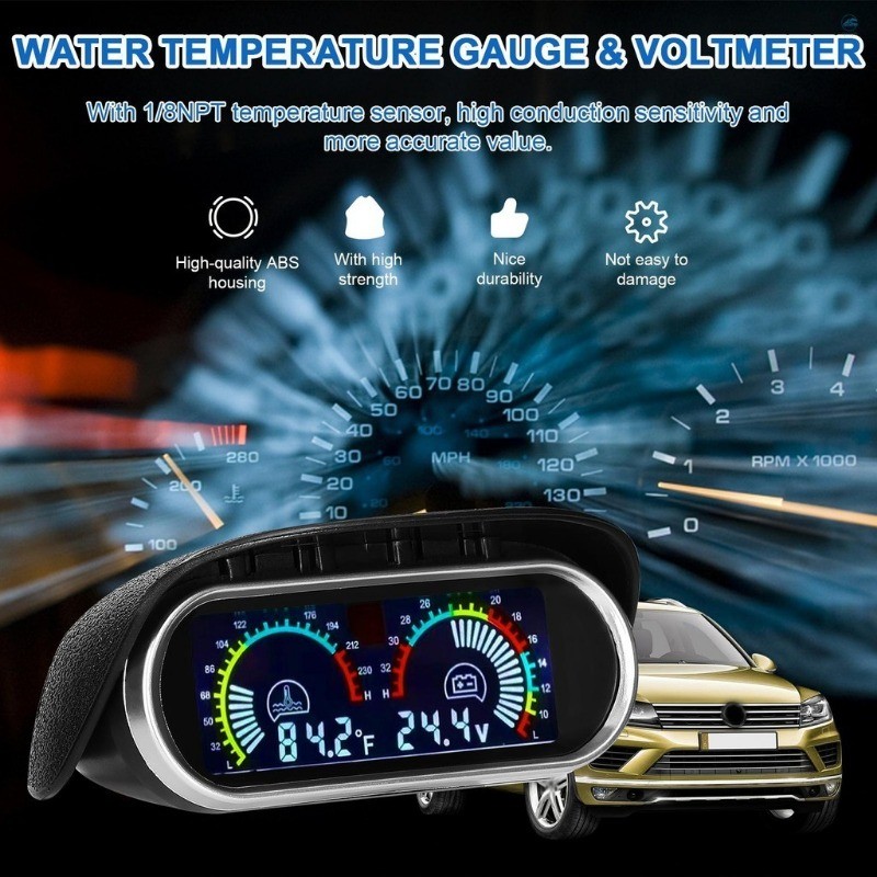 Auto LCD Water Temperature & Voltmeter Gauge 2 in 1 With Joint Pipe
