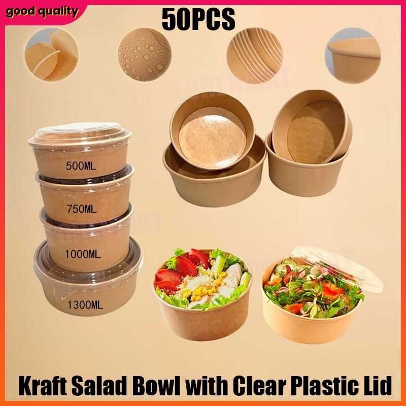 50 Pcs Kraft Paper Salad Bowls With Lids – Round Disposable Leak-Proof ...