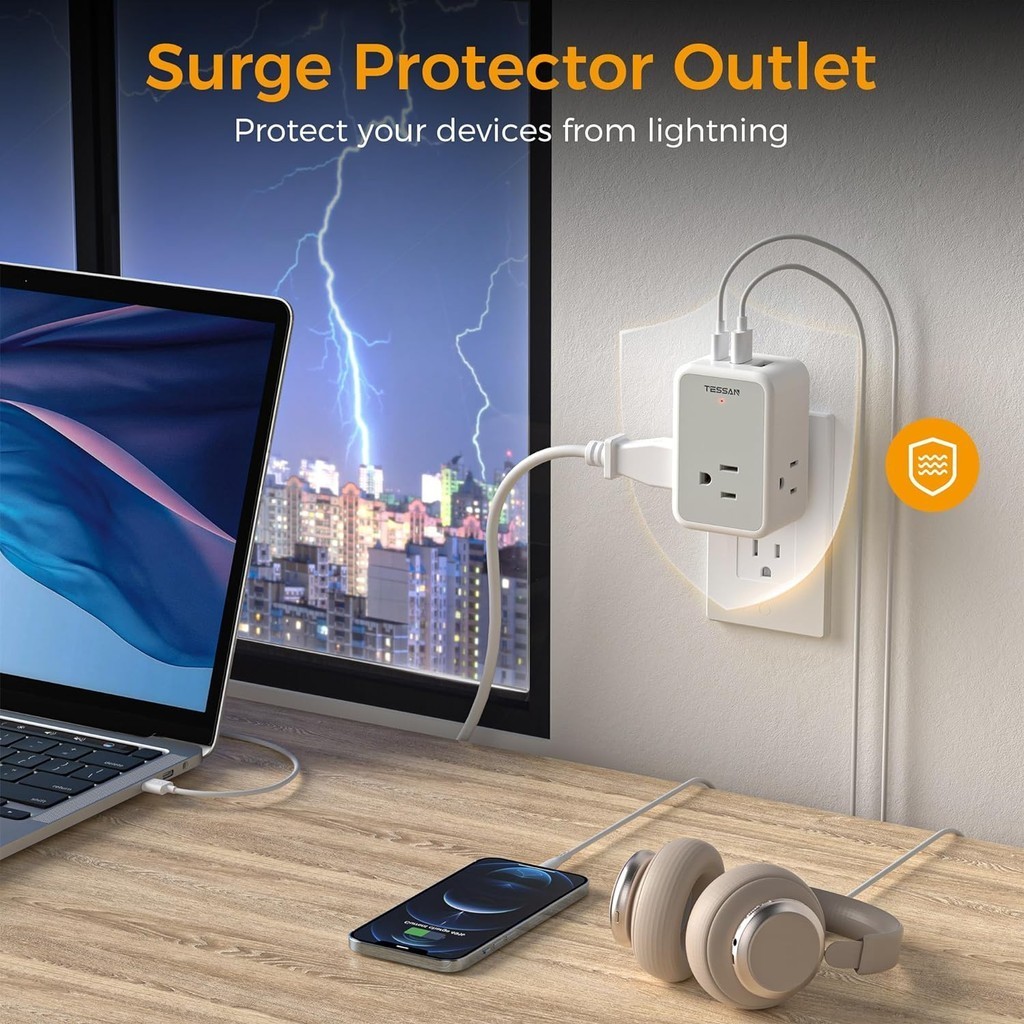 TESSAN Multi Plug Wall Outlet Electrical Outlet Extender with 4 USB (1 ...