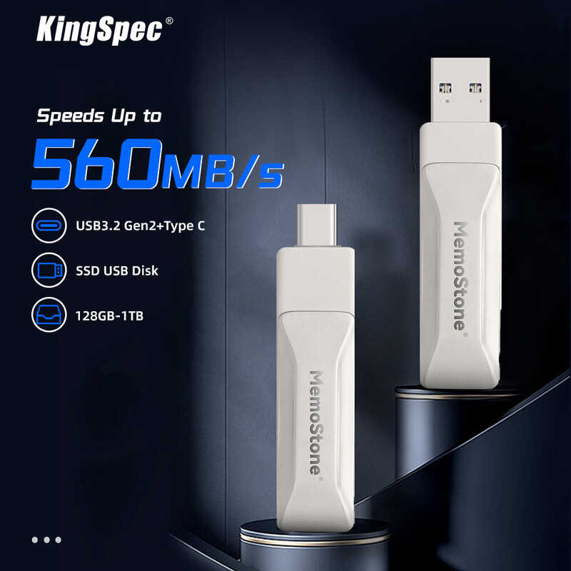KingSpec MemoStone 256GB 2-in-1 USB 3.2 Portable SSD - High-Speed 490 MB/s Read, Type-C Thumb