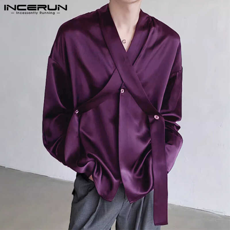 Mens INCERUN Advanced V Neck Button Up Satin Shirt Ribbon Design Long ...