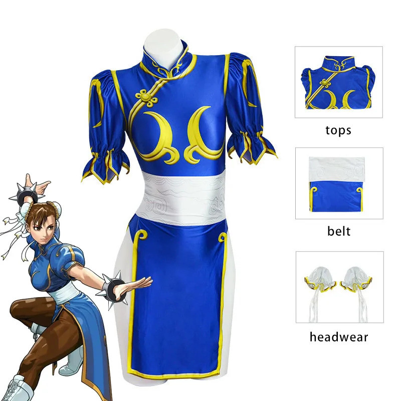 Chun Li Cosplay Dress Costume Game SF Chunli Role Play Blue Qipao