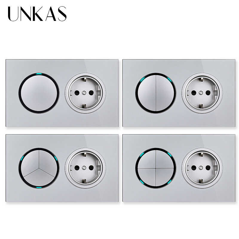 UNKAS 3 4 Gang 1 2 Way + EU Standard Wall Power Socket On / Off Light ...