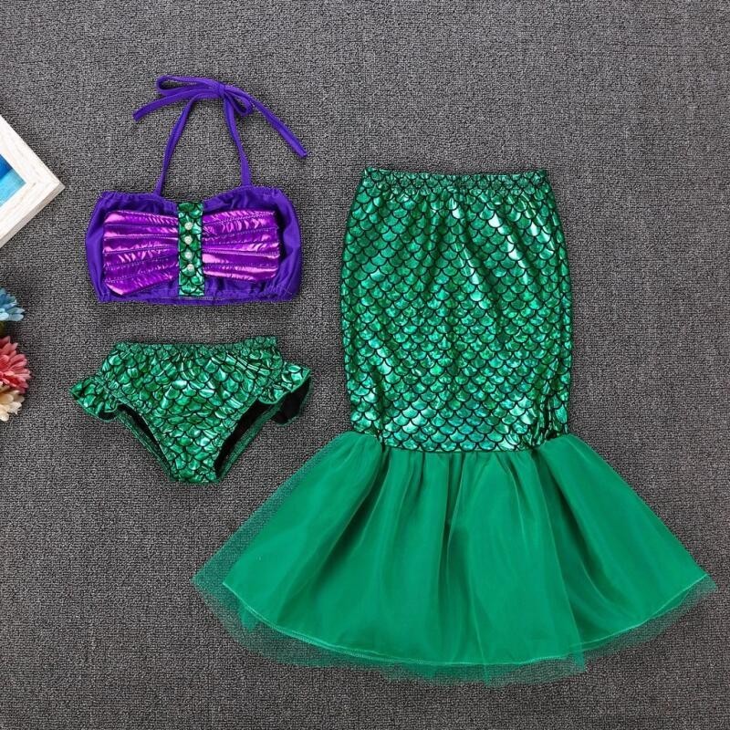 3-8Y Little Mermaid Princess Ariel Fishtail Dress For Kids Girl 3Pcs ...
