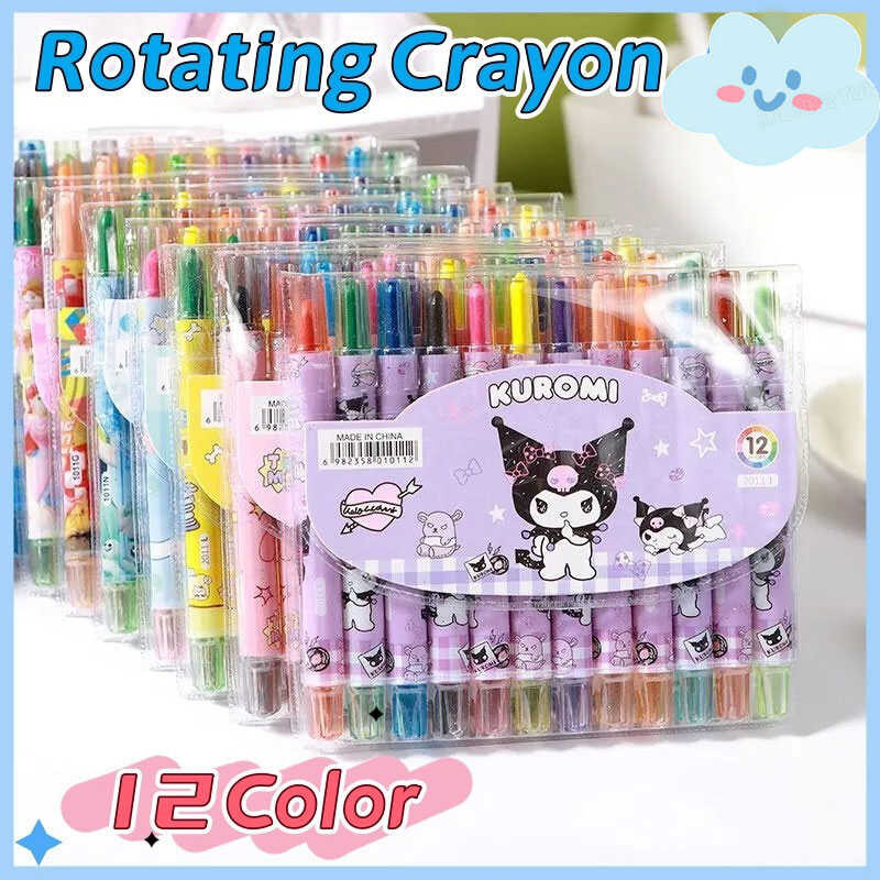 12 Colors Sanrio Rotating Crayon Erasable Wax Crayons Washable Coloring ...