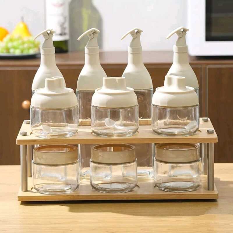 Household Set With Wooden Rack Kitchen Storage Jars Soy Sauce Olive ...