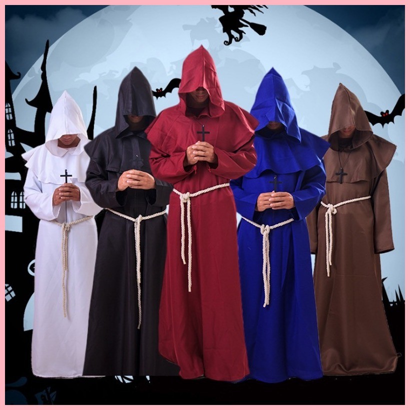 Wizard Costume Medieval Monk Friar Robe Christian Priest Hooded Cape ...