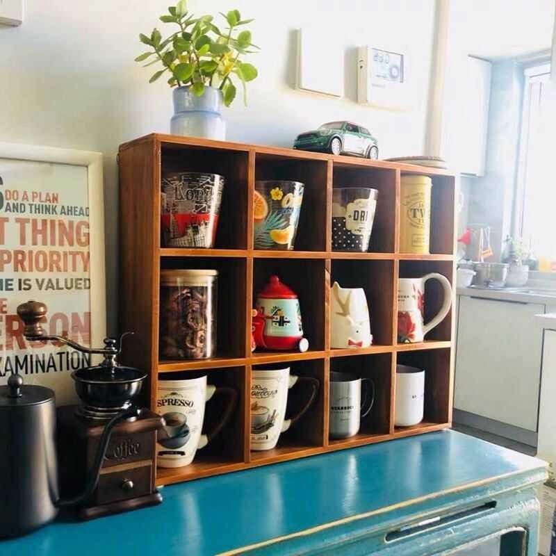 Solid Wood Vintage Desktop Tea Set Lattice Storage Cabinet Teapot ...