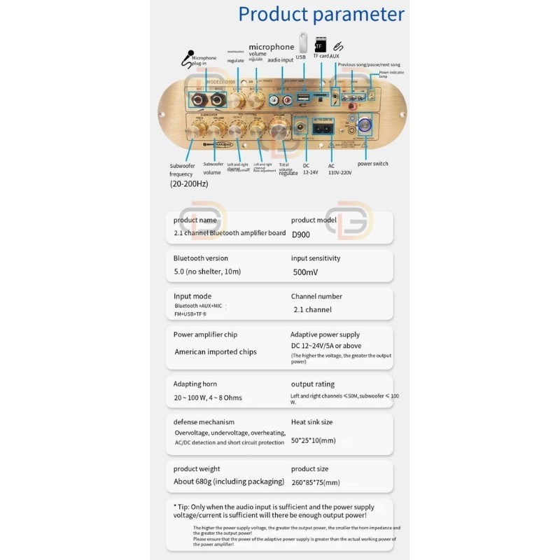 50W+50W+100W Bluetooth 5.0 Amplifier for Speaker 2.1 Channel Bluetooth