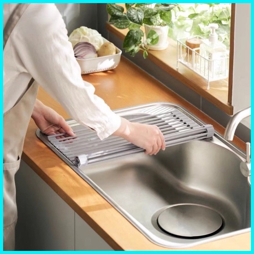 Kitchen Foldable Silicone Drain Rack Filter Water Roll Over Drainer ...