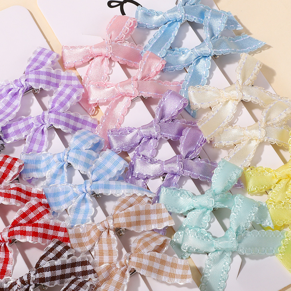 12Pcs Sweet Lace Side Cheer Bow Hair Clips for Girl Grid Solid Color ...