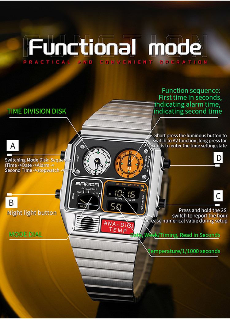 Sanda Retro Trendy Punk Dual Display Luminous Waterproof Electronic ...