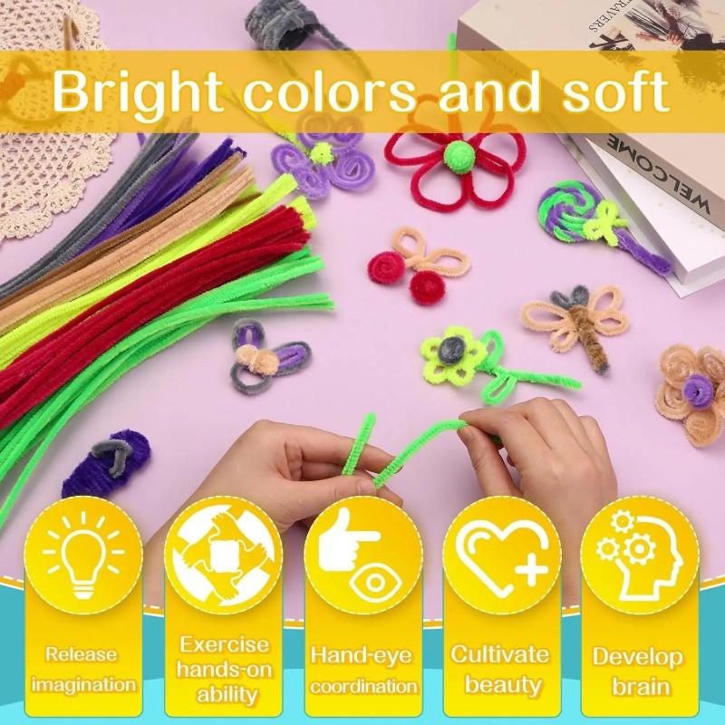 100Pcs Chenille Stems DIY Craft Kit 8mm X 30cm Fluffy Pipe Cleaners ...