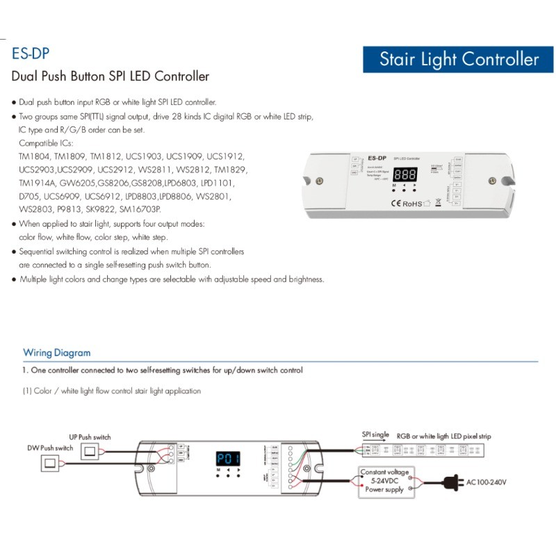 DC5V-24V Dual Push Button SPI Controller Dimmer ES-DP Stair Light TTL ...