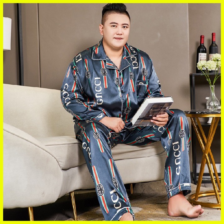 Korean Fashion Plus Size 3XL5XL Men Silk Satin Long Sleeve Pyjamas Set