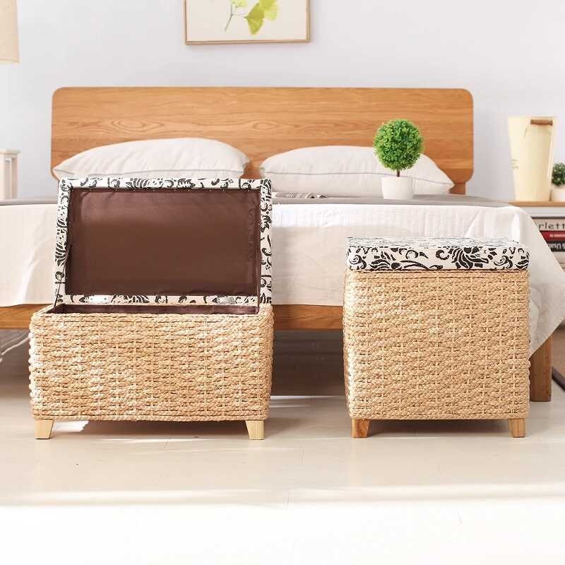 Japanese Simple Hallway Ottoman Solid Wood Rattan Step Shell Storage ...