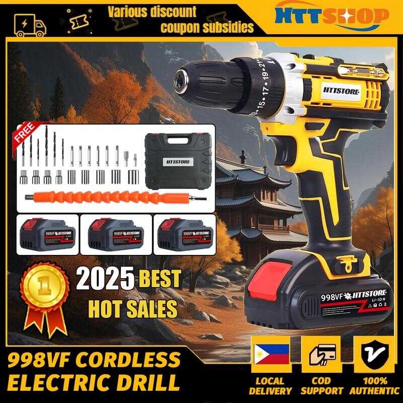 HTT Cordless Hammer Drill Driver Impact Drill Hand Drill With Free Two ...