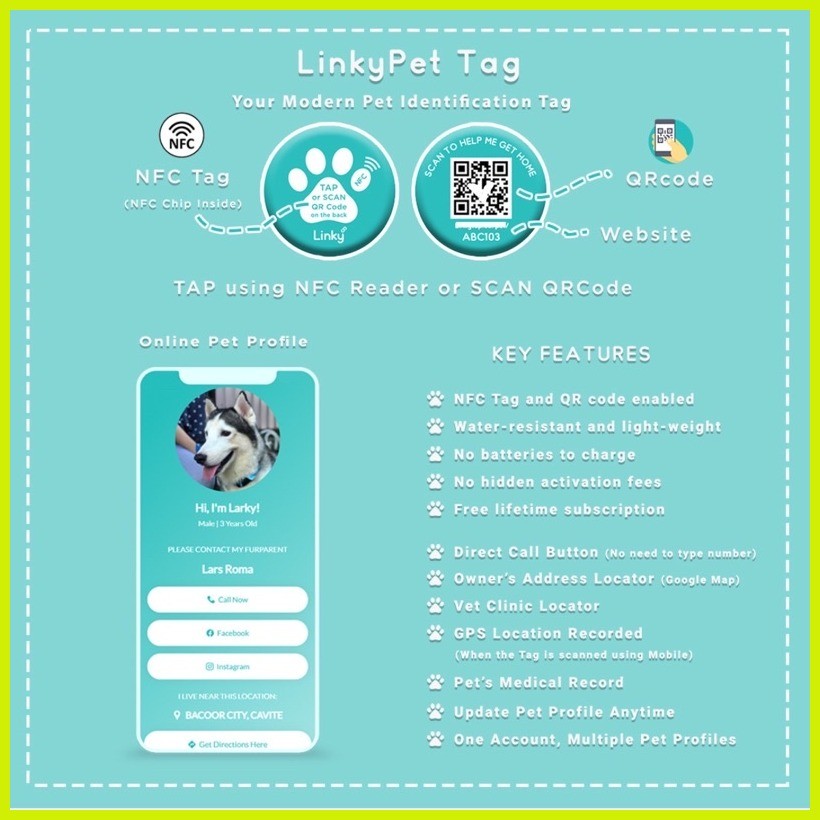 LinkyPet NFC & QR Code Smart Pet ID Lightweight Waterproof Dog Tag