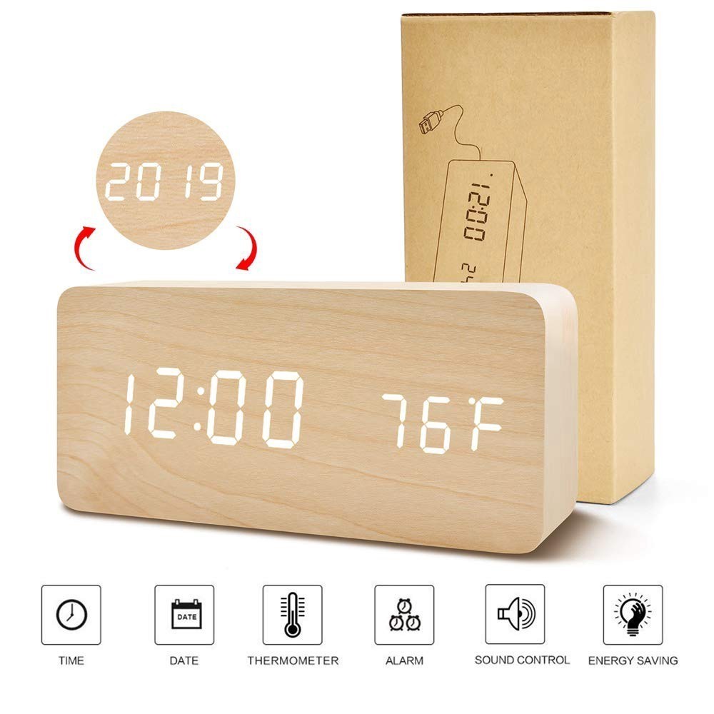 Desktop Clock Wooden LED USB Powered Digital Clocks Voice Control ...