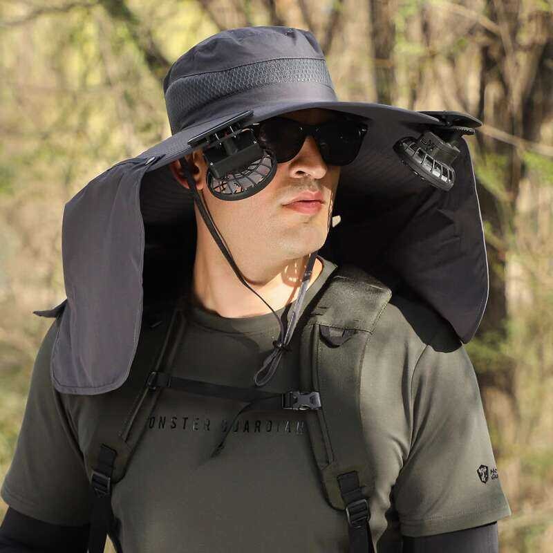 ☑♥ Fan Summer Strong Wind Rechargeable Wide Brim Shawl Neck Protection ...