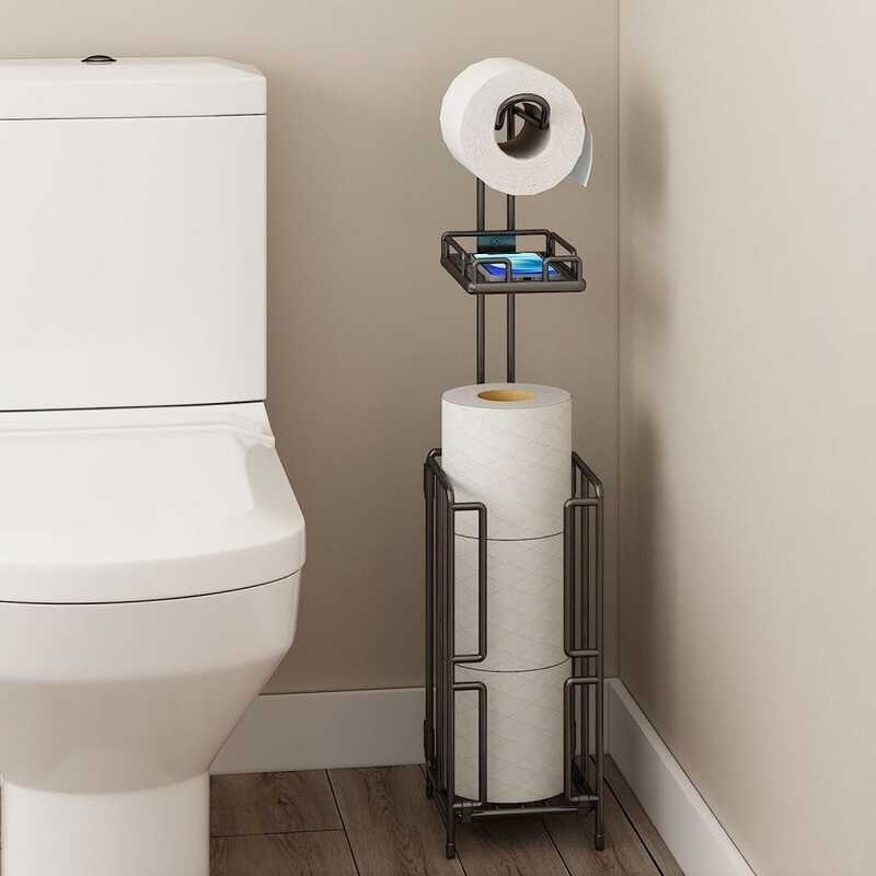 Toilet Paper Holder Stand, Bathroom Tissue Roll Storage With Shelf And ...
