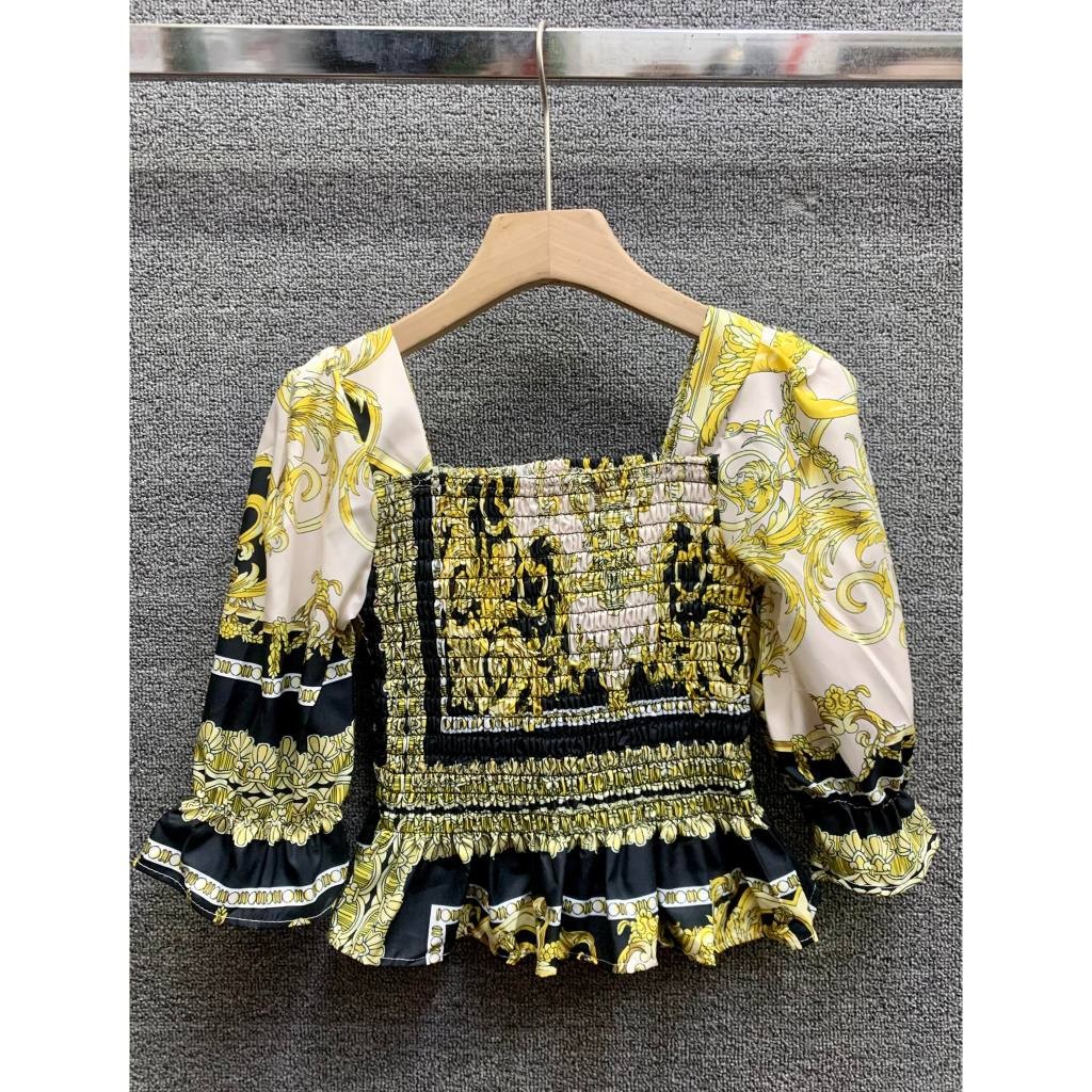 ♞new arrivals women's causal print 3/4 sleeve square neck smacking crop ...