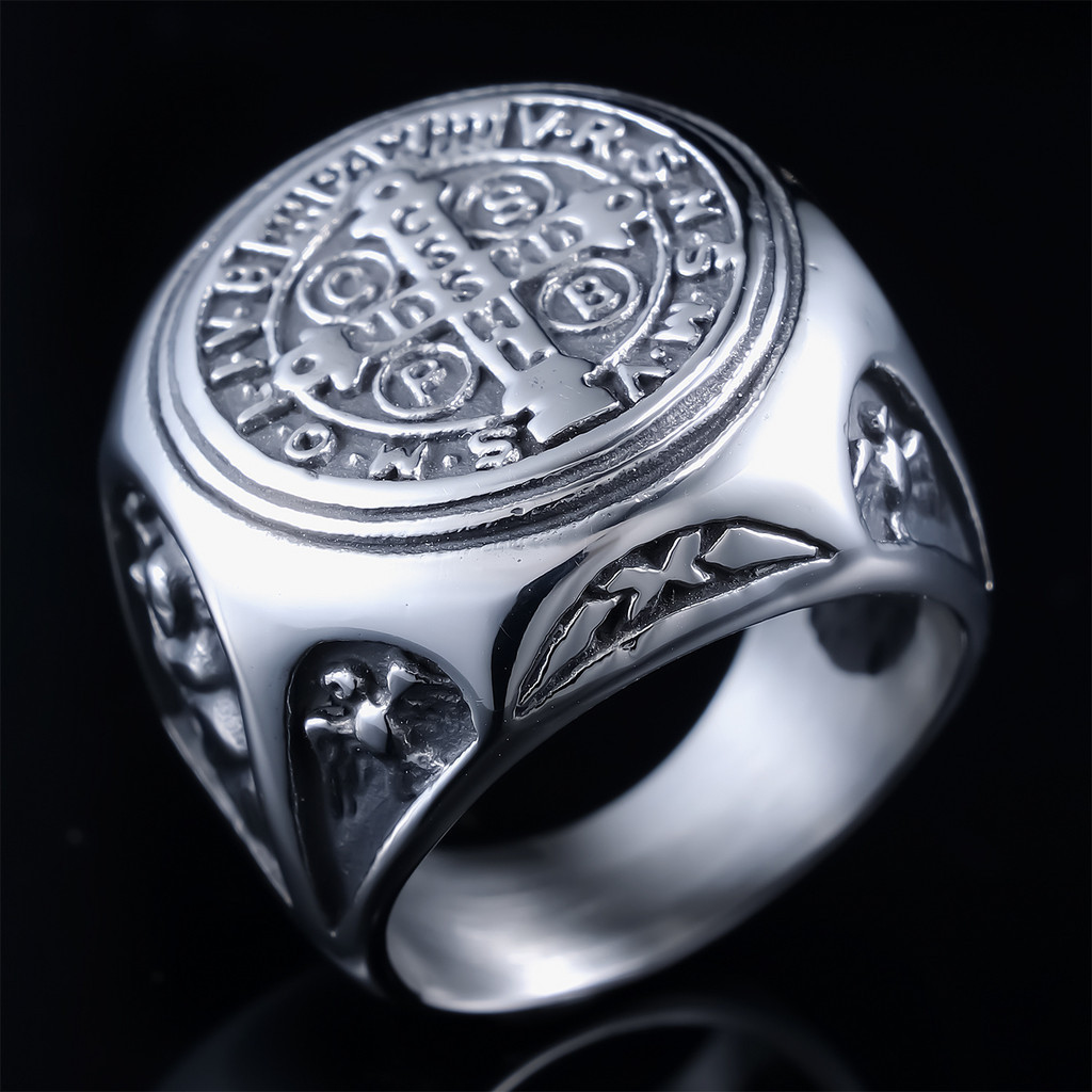 St Benedict Exorcism Men's Ring Stainless Steel Catholic Roman Cross ...