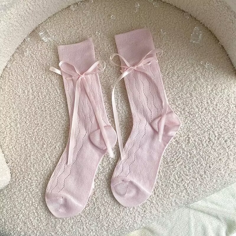 Women Ballet Style Ribbon Y2K Bow Socks Lace Stripe Balletcore JK Calf ...