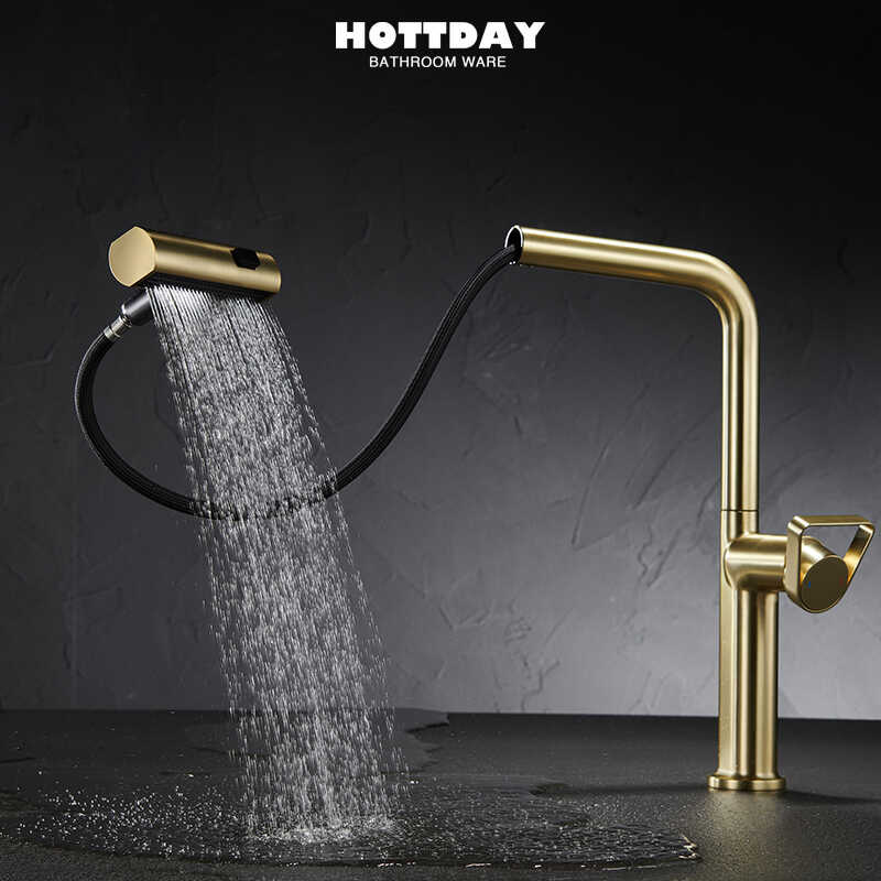 Gold Brushed Black Kitchen Faucets Pull Out Rotation Waterfall Stream