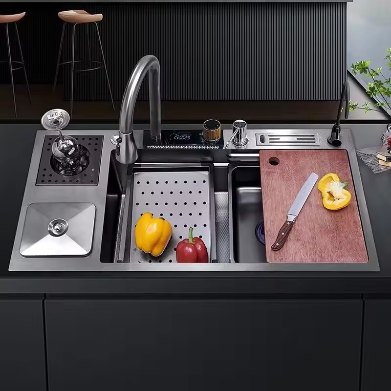 Digitial Display SUS304 Stainless Steel Waterfall Kitchen Sink Lababo ...