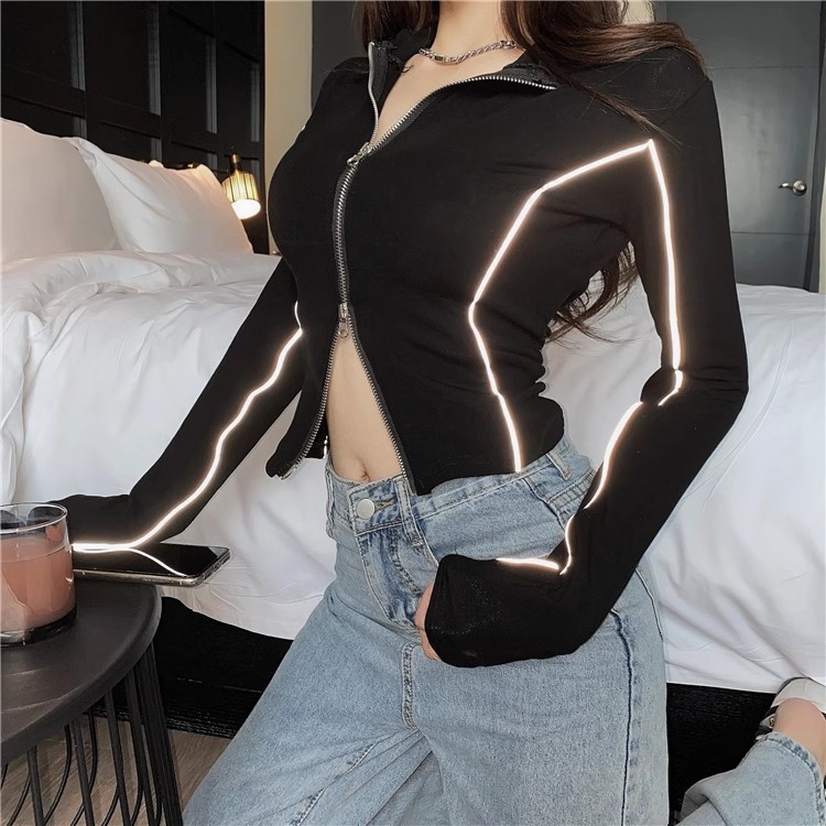 Y2K contrasting splicing long sleeved Tshirt women's red double zipper