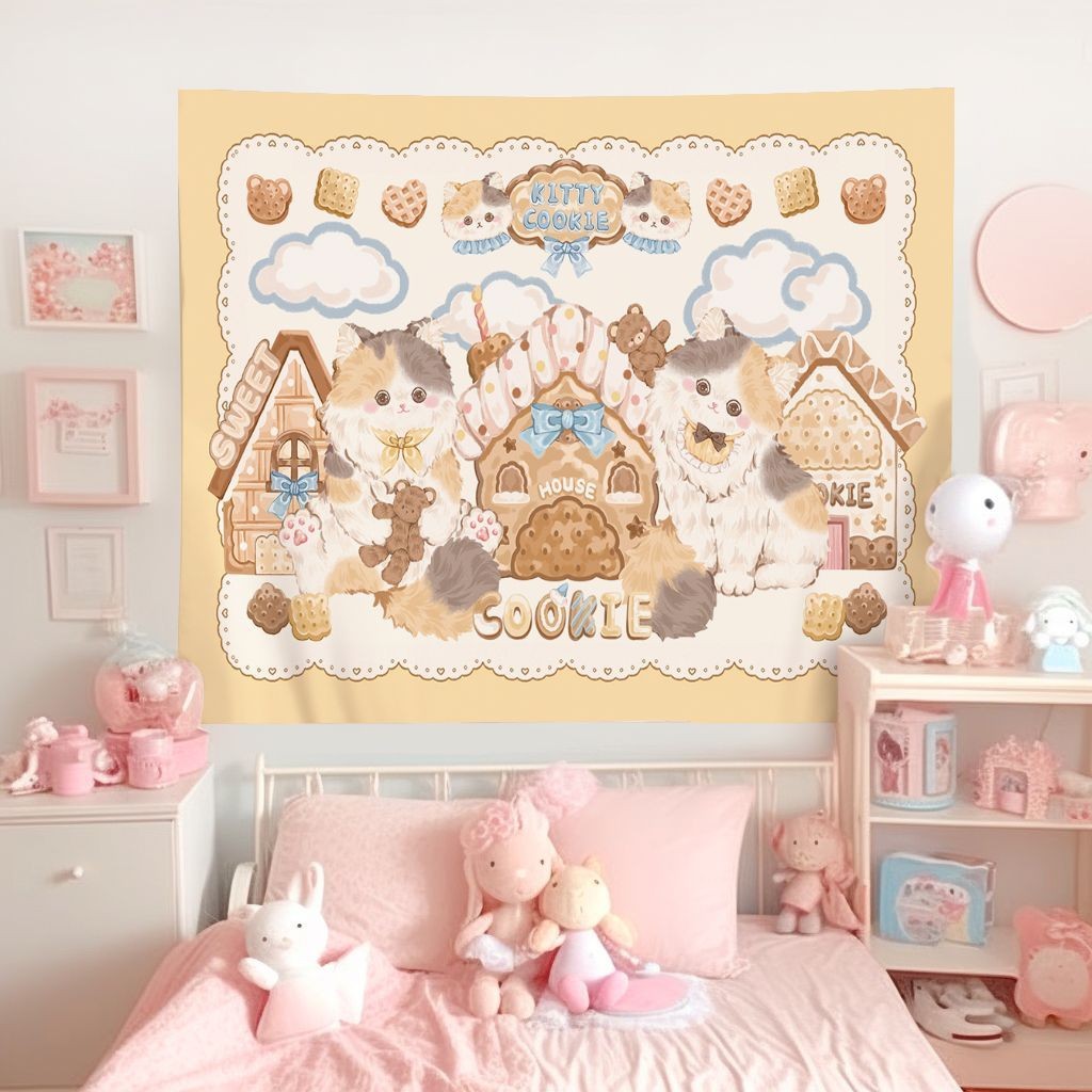 Cartoon Cute Cat Illustration Background Cloth Girl Heart Bedroom Wall ...