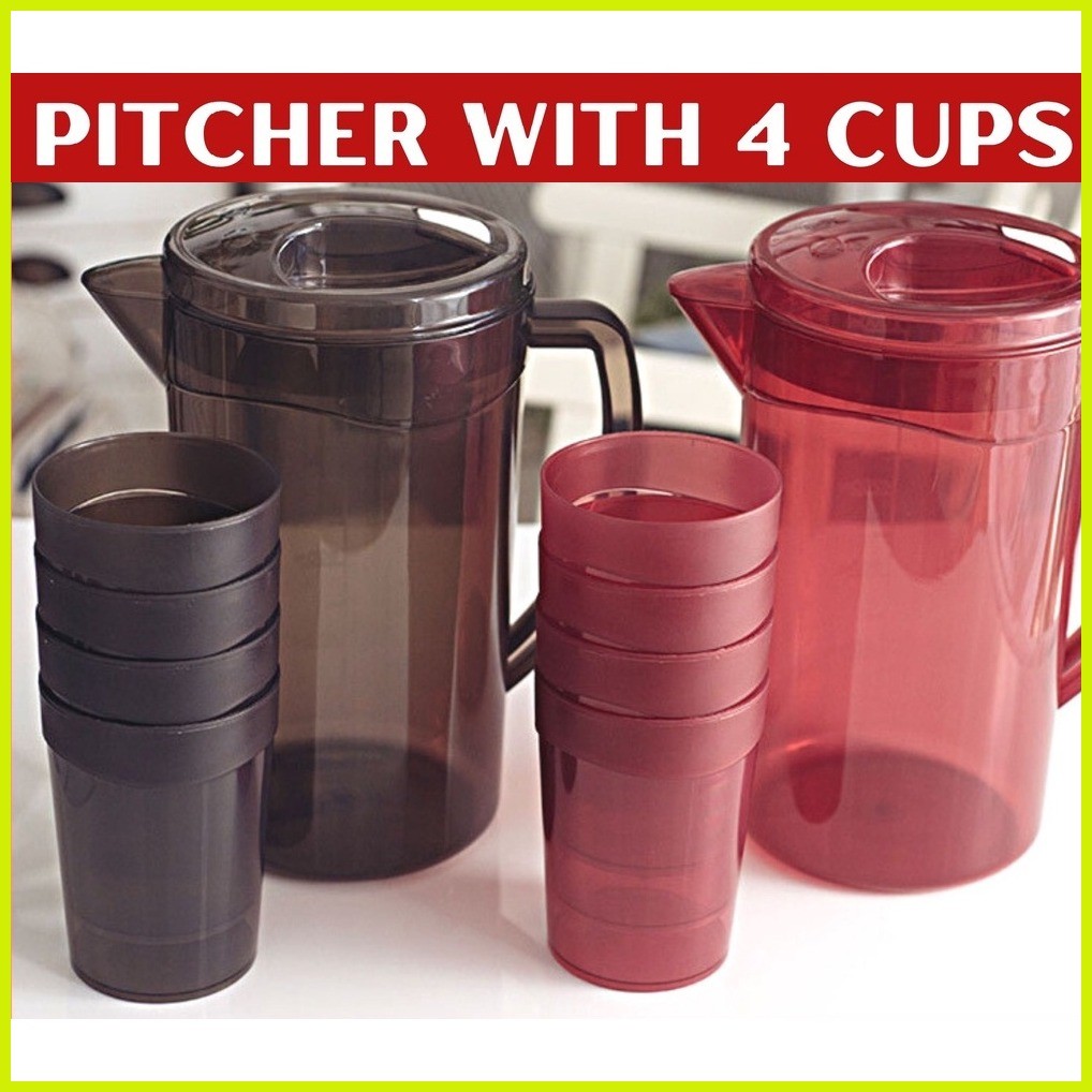 2L Water Pitcher Set with Free 4 Cups Large Fiberglass Juice Container ...