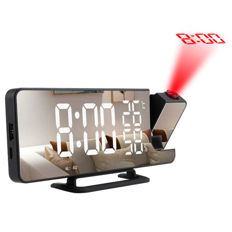 LED ☆ Digital Mirror Projection Alarm Clock Home FM Radio Thermometer